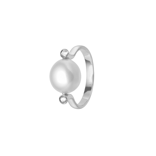 Ring, Barok perle Ø10mm, 2 CZ, sølv