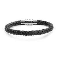 Armbånd Mens Læder Sort Flet med Stål Lås 21 cm